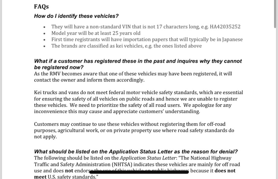 Massachusetts RMV July 3 training document on identifying kei vehicles